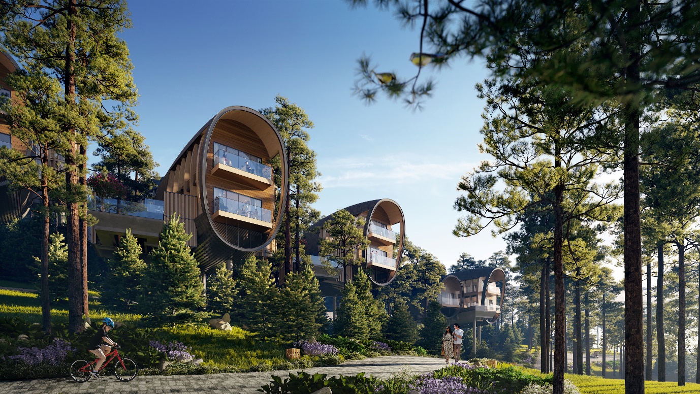 Thanh Xuan Valley: Khi Bim Land và IHG kiến tạo biểu tượng nghỉ dưỡng mới- Ảnh 2. A group of buildings with trees around them AI-generated content may be incorrect.