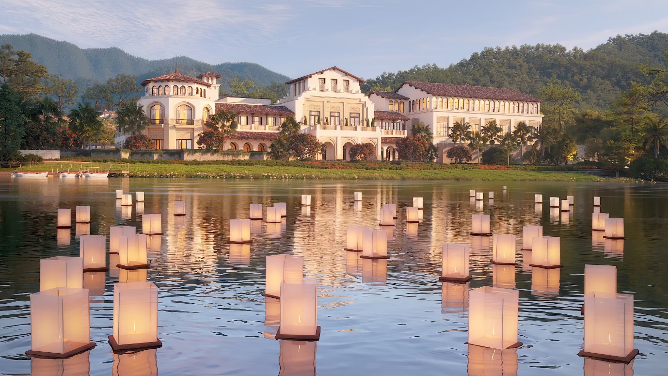 Thanh Xuan Valley: Khi Bim Land và IHG kiến tạo biểu tượng nghỉ dưỡng mới- Ảnh 4. A group of lanterns floating in water AI-generated content may be incorrect.
