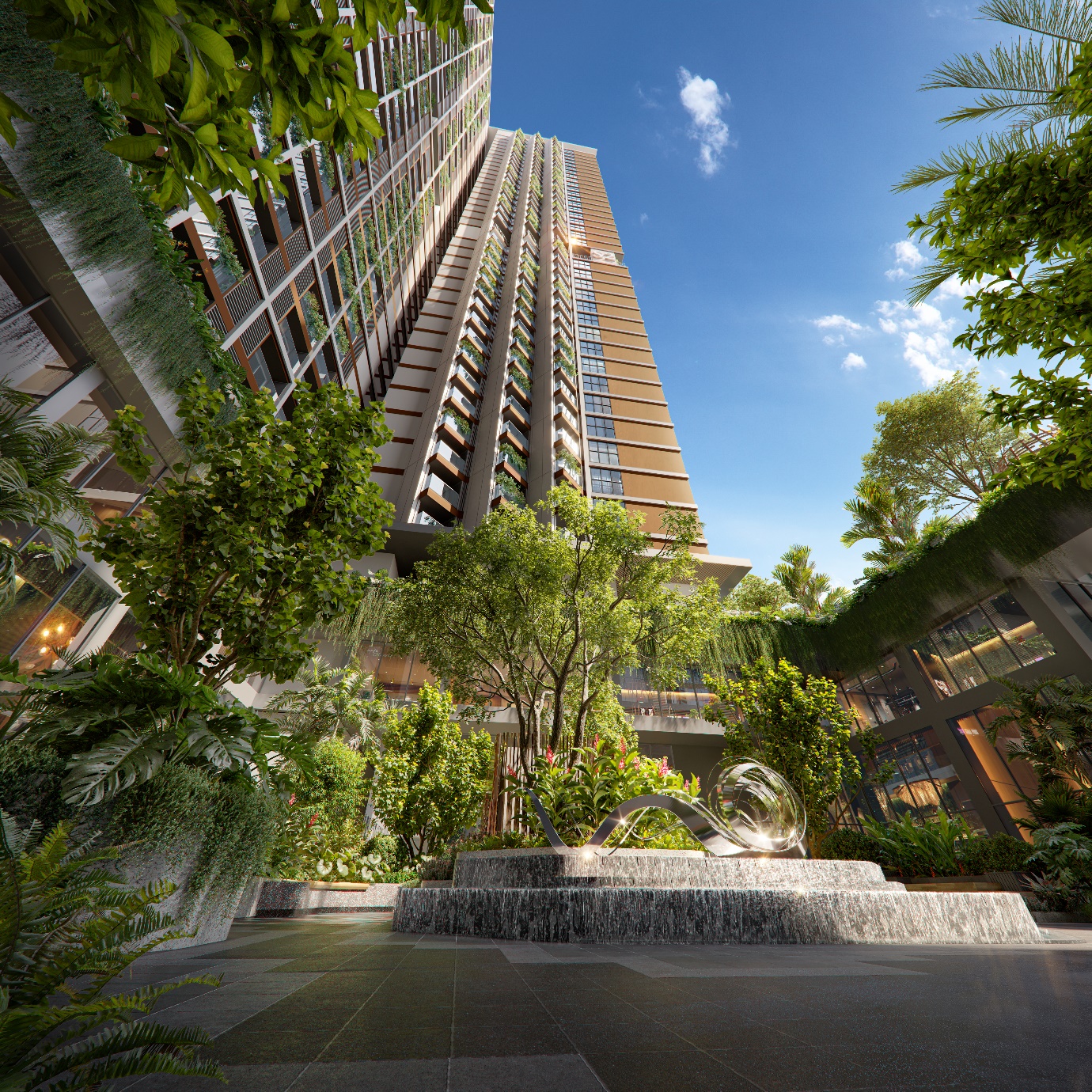 SkyM ra mắt tòa S2, tầm nhìn ba tầng mặt nước, tâm điểm Hạ Long- Ảnh 4. A tall building with a fountain and trees AI-generated content may be incorrect.