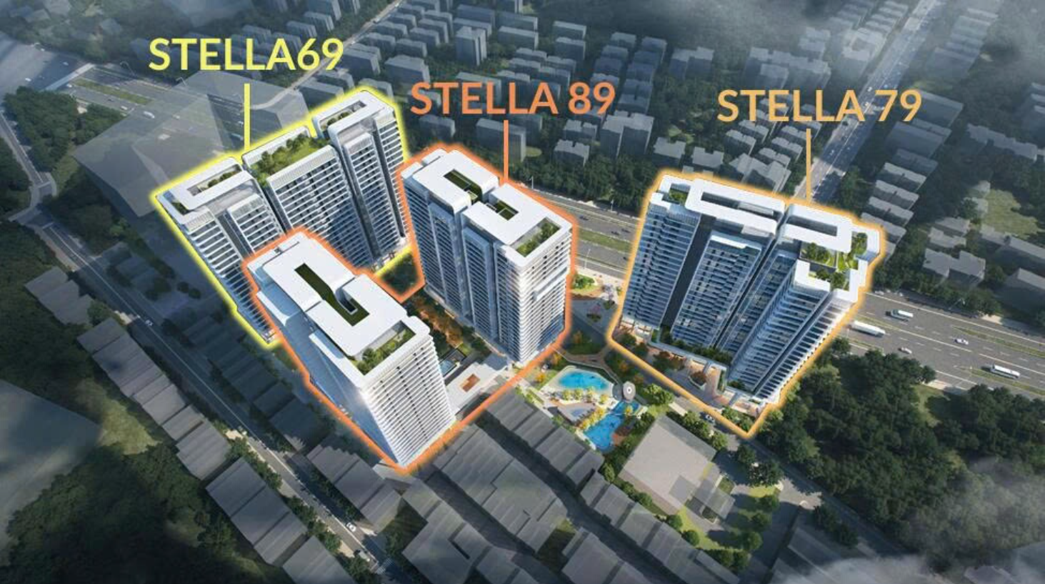 Aerial view of several tall buildings  Description automatically generated