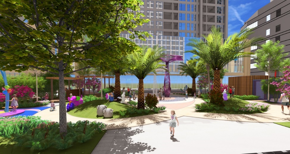 A park with trees and a child walking on it  Description automatically generated with medium confidence