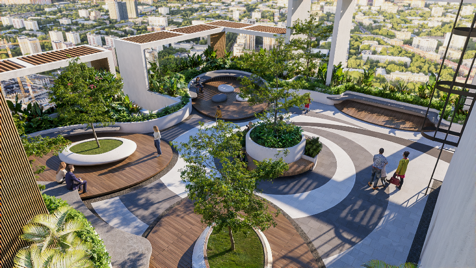 A group of trees and plants in a courtyard  Description automatically generated with medium confidence