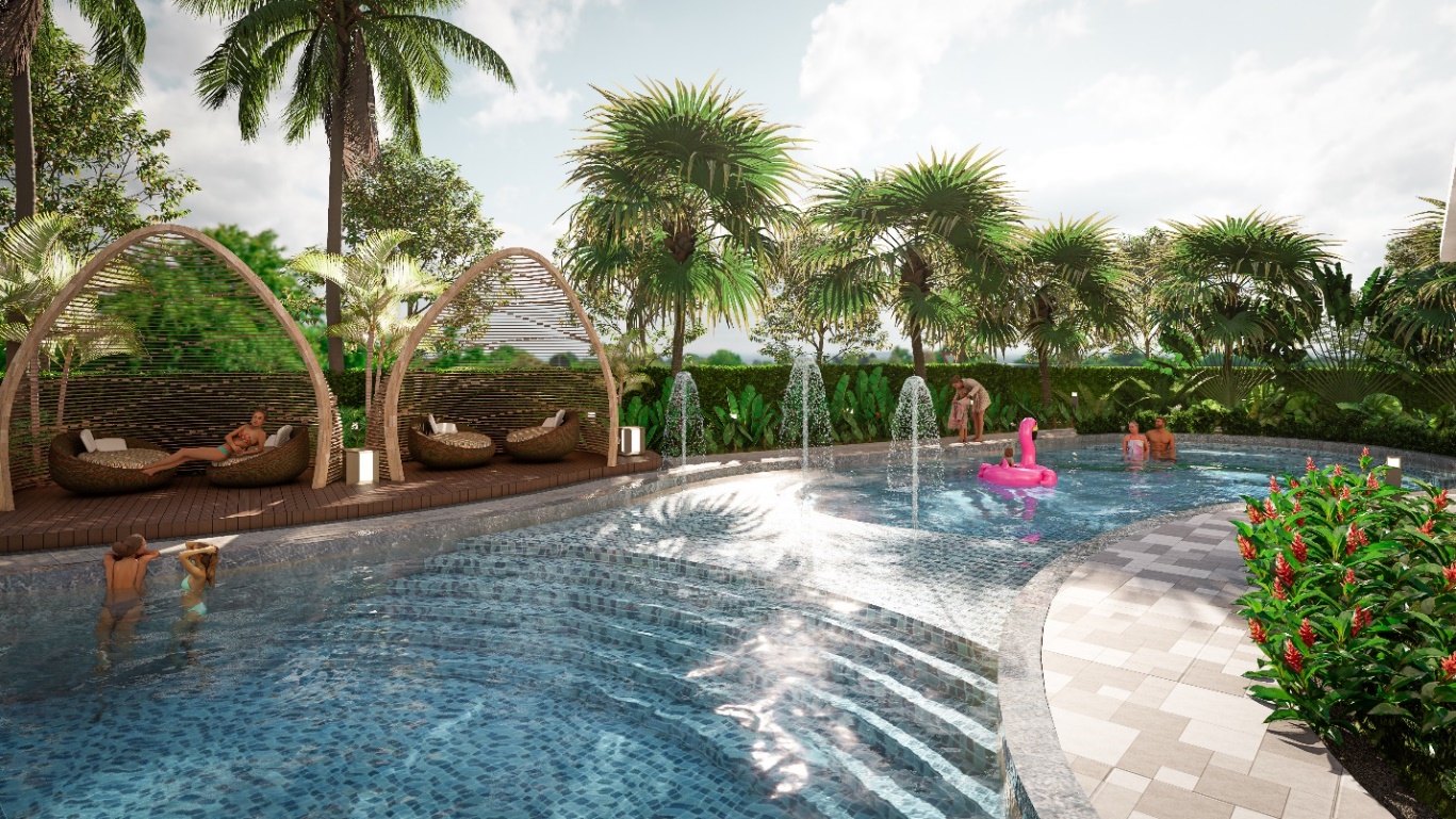 Giải mã sức hút đến từ căn hộ trung tâm Đà Nẵng- Ảnh 3. A pool with water and trees AI-generated content may be incorrect.