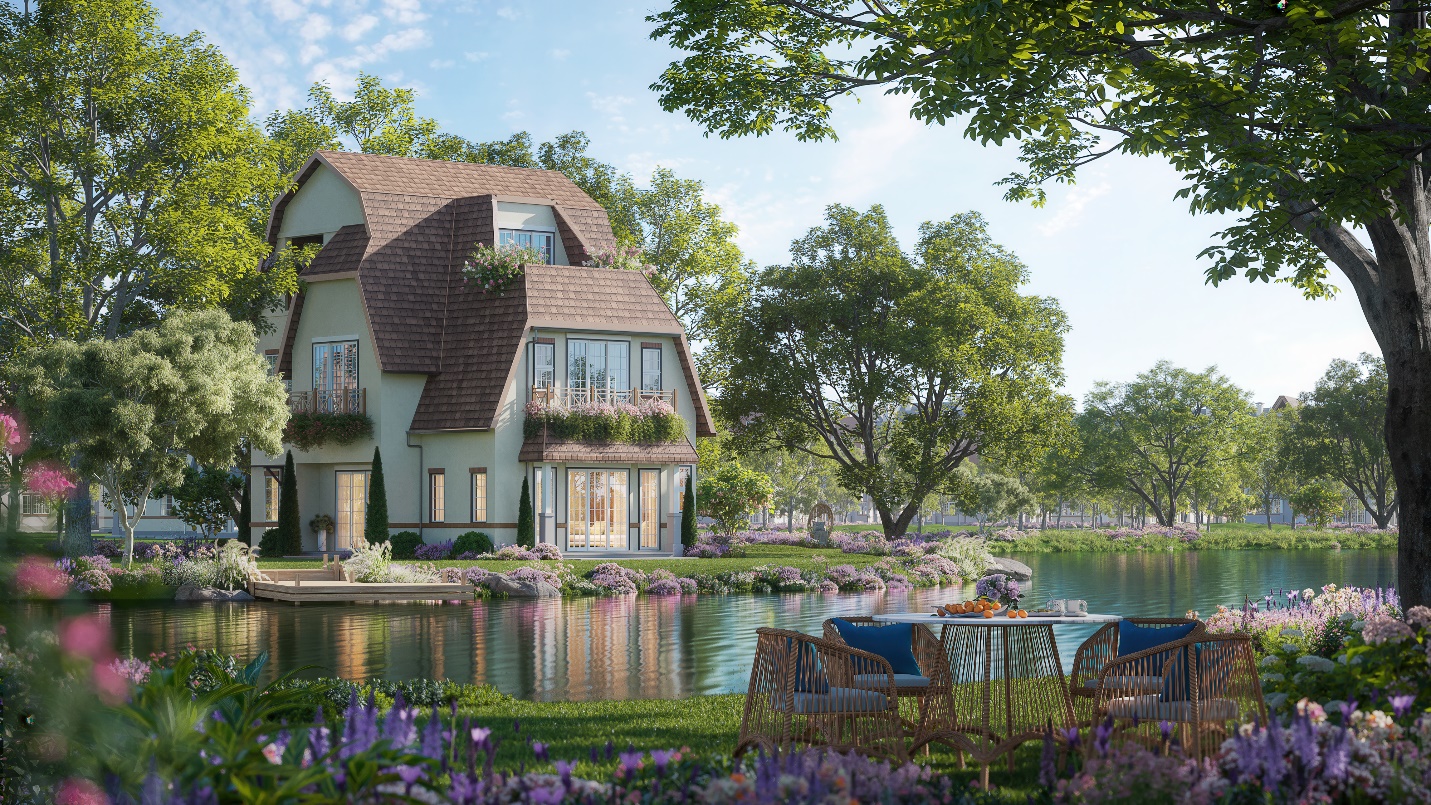 Đảo Châu Âu - không gian sống đắt giá ở thành Vinh- Ảnh 3. A house with a lake and trees Description automatically generated