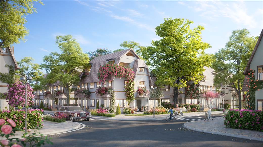Đảo Châu Âu - Eco Central Park: Du ngoạn bốn mùa hoa giữa lòng xứ Nghệ- Ảnh 3. A group of houses with trees and flowers Description automatically generated