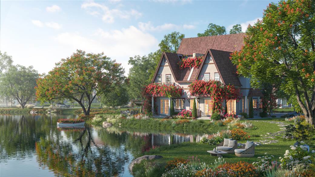 Đảo Châu Âu - Eco Central Park: Du ngoạn bốn mùa hoa giữa lòng xứ Nghệ- Ảnh 6. A house with flowers on the front and a pond Description automatically generated