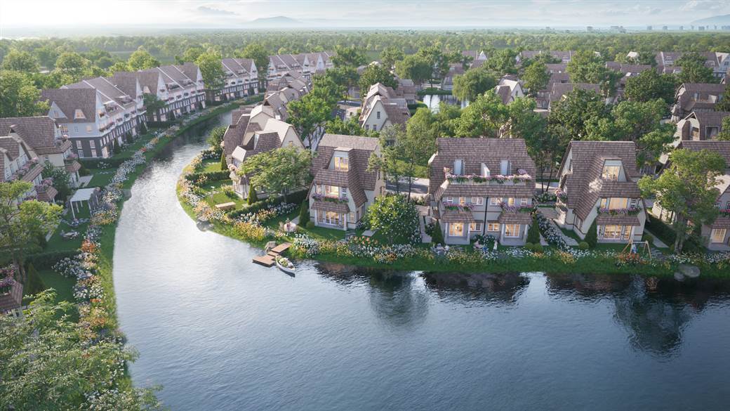 Đảo Châu Âu - Eco Central Park: Du ngoạn bốn mùa hoa giữa lòng xứ Nghệ- Ảnh 8. A group of houses on a river Description automatically generated