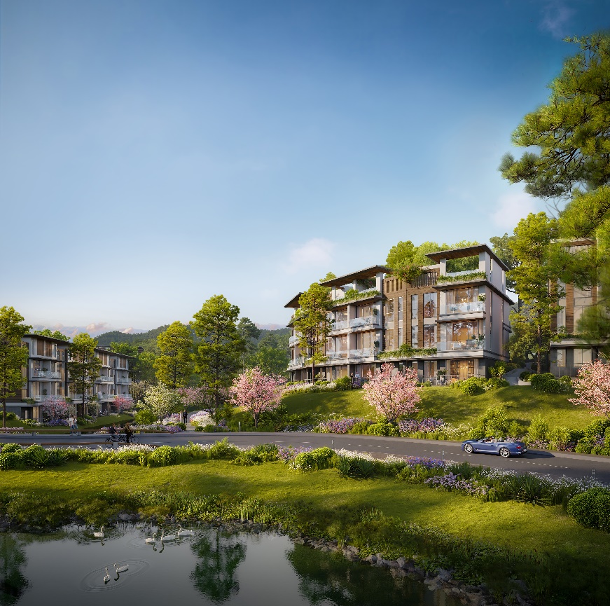Spring Residences - Chuẩn sống mới khởi nguồn giữa “vườn xuân bất tận”- Ảnh 2. A road with trees and buildings AI-generated content may be incorrect.