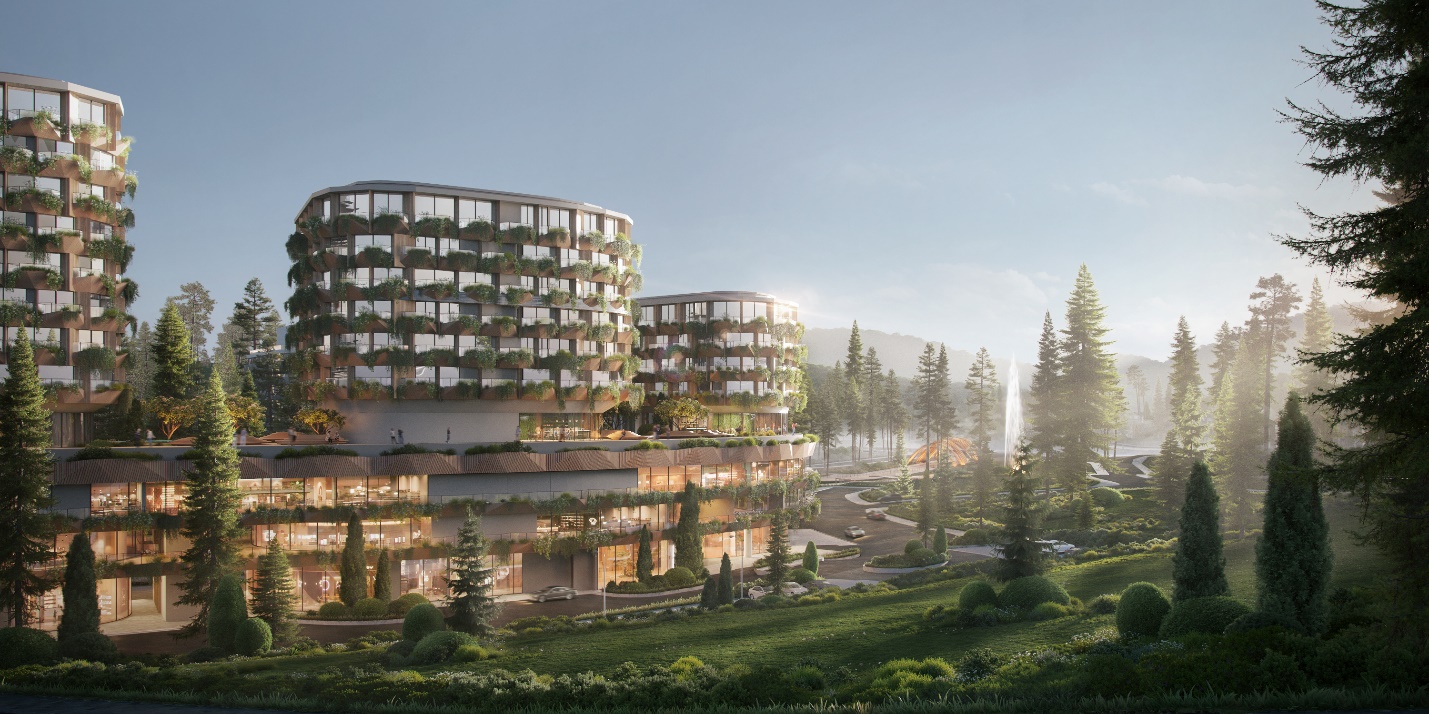 A building with balconies and trees  Description automatically generated