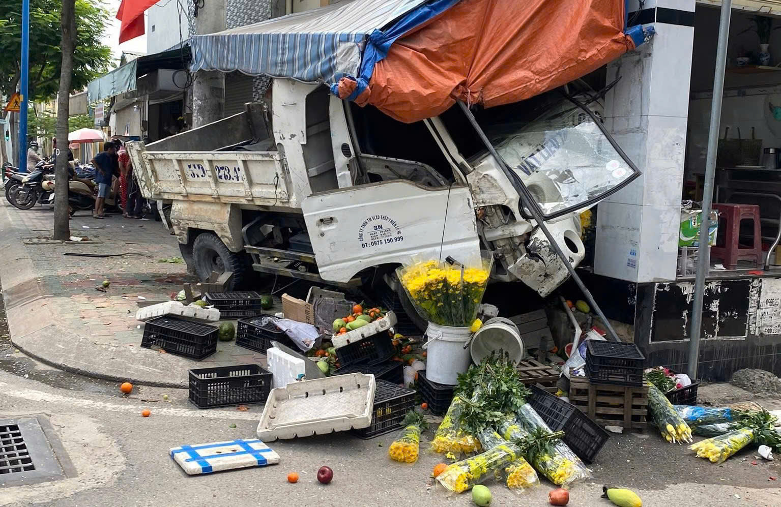 Xe tải chạy ngược chiều bất ngờ lao l&ecirc;n vỉa h&egrave;, t&ocirc;ng sập sạp tr&aacute;i c&acirc;y ở TP.HCM- Ảnh 1.