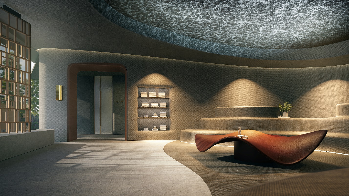 A room with a curved table and a round ceiling  Description automatically generated with medium confidence