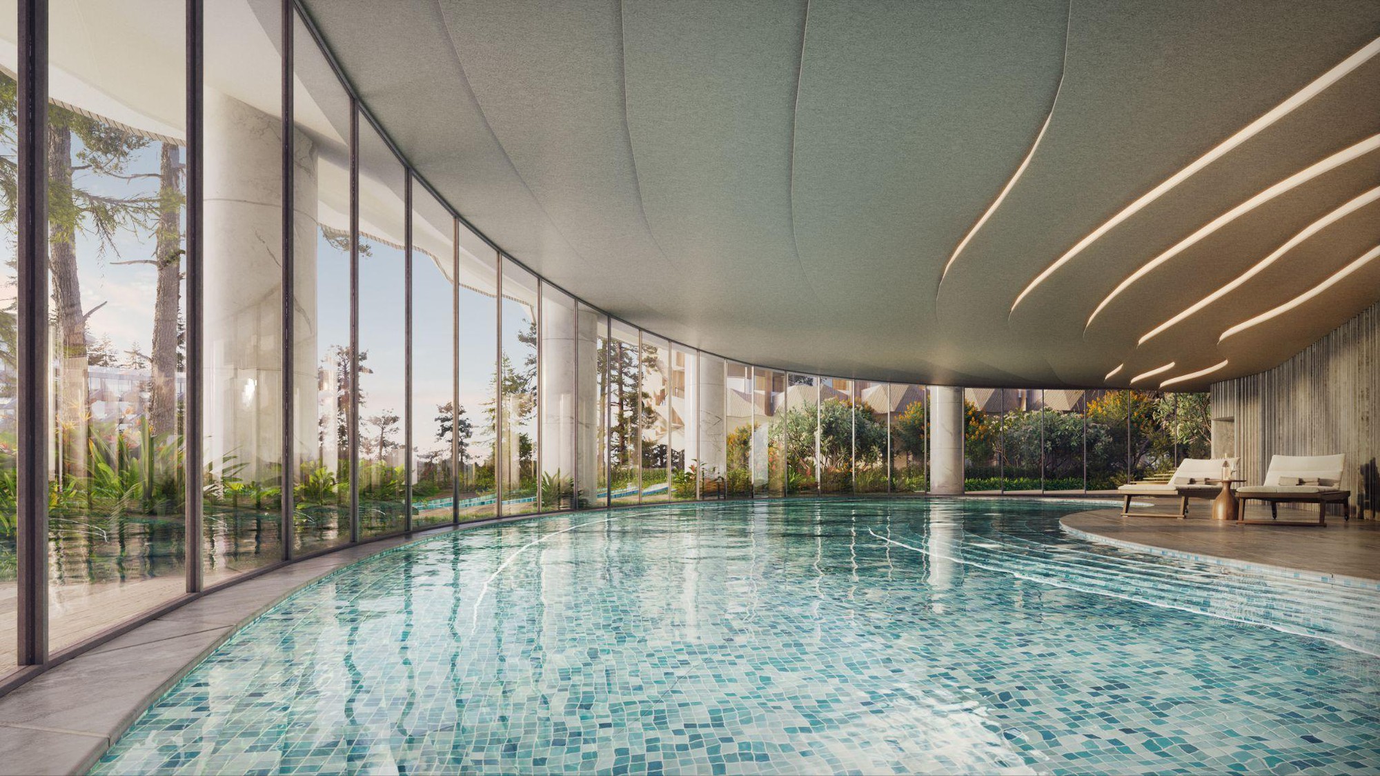 A indoor pool with large windows  Description automatically generated