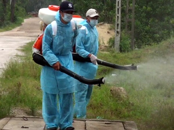 Nhân viên y tế phun hóa chất tiêu diệt bọ gậy - tác nhân gây ra bệnh sốt xuất huyết. (Ảnh: TTXVN/Vietnam+)