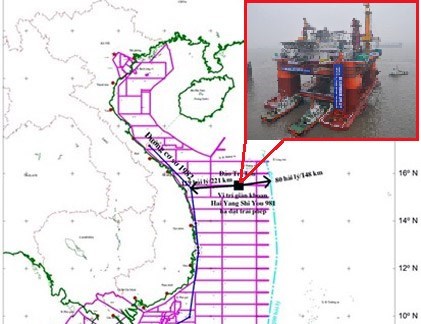 Vị trí đặt giàn khoan của Trung Quốc đã vi phạm nghiêm trọng luật biển quốc tế Ảnh: Tienphong.vn
