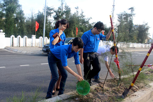 Các đoàn viên hăng say với công việc trồng cây