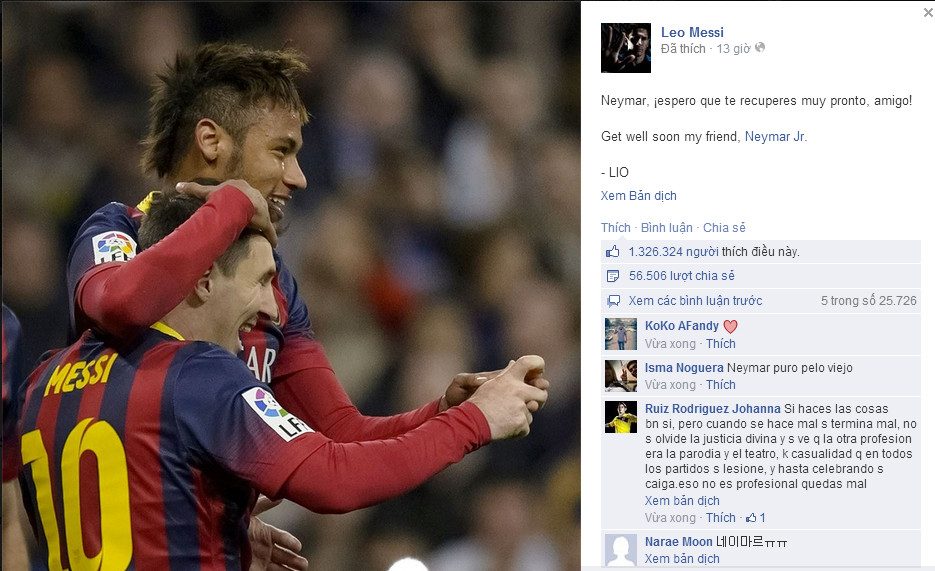 Status ghi lời chúc của Messi gửi tới Neymar