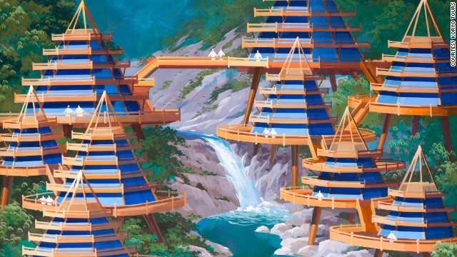Phối cảnh một cụm các villa bên thác nước trên núi Kumgang
