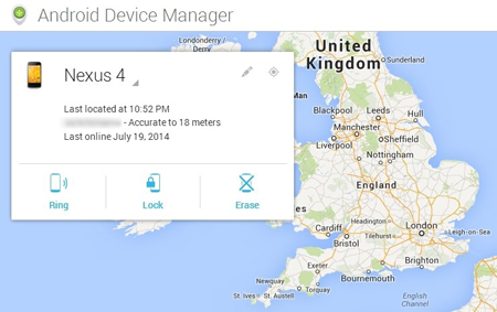 Dịch vụ này có thể định vị điện thoại của bạn khi nó online, cũng như có các lựa chọn: Rung chuông hết âm lượng, khóa màn hình và xóa sạch dữ liệu.