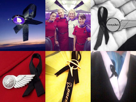 Các tiếp viên hàng không của nhiều hãng đeo dải ruy băng đen trên ngực để tưởng nhớ đồng nghiệp thiệt mạng trong những thảm họa gần đây