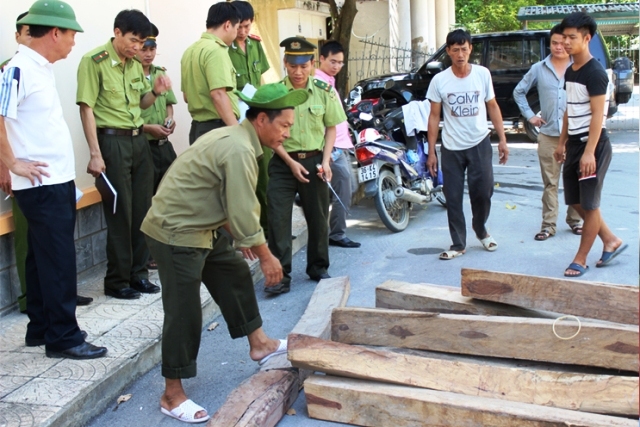 Lực lượng Công an và Kiểm lâm Thanh Hóa đang tiến hành đo đạc lại số gỗ trên xe tải 37C- 060.12