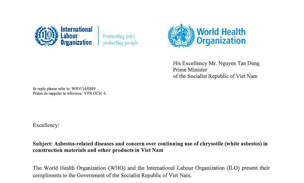  Bức thư mà đại diện WHO và ILO gửi cho Thủ tướng Nguyễn Tấn Dũng. 