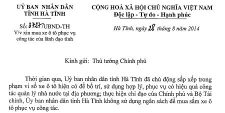Một phần Công văn 3727 của UBND tỉnh Hà Tĩnh xin Chính phủ mua xe