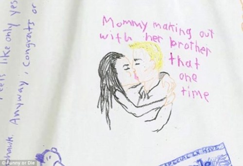 In addition to Bily and Jennifer, Angelina's brother - James Haven - also appeared on this wedding dress. The Pitt children drew the image of Angelina kissing her brother at the 2000 Oscars: