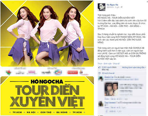 Thông báo về tour diễn xuyên Việt dành cho sinh viên trên trang cá nhân của Hà Hồ