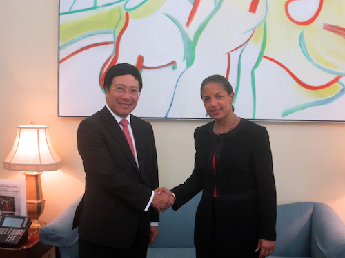 Phó Thủ tướng, Bộ trưởng Ngoại giao Phạm Bình Minh gặp Cố vấn An ninh quốc gia Mỹ Susan Raice
