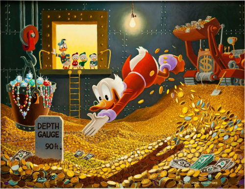 Đứng đầu danh sách là Scrooge McDuck, con vịt tỉ phú của Disney được biết qua việc trữ gia tài là những đồng vàng trong một “kho tiền” khổng lồ. Với giá vàng tăng 30% qua từng năm, giá trị tài sản của Scrooge McDuck được ước tính khoảng 65,4 tỉ USD. 