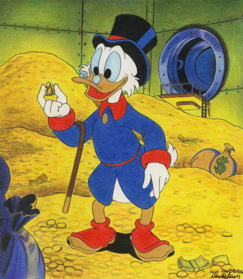 Nguồn tài sản của Scrooge McDuck là từ việc đào mỏ và các cuộc truy tìm kho báu. “Bác” vịt Scrooge nổi tiếng với tài kiếm tiền của mình: McDuck từng đánh nhau với một con gấu để giành lấy lọ mật ong trị giá 2 USD. 