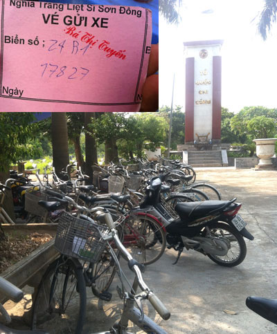 Một góc bãi xe trông giữ tại nghĩa trang Sơn Đồng (ảnh lớn), vé trông xe gắn mác nghĩa trang liệt sỹ xã Sơn Đồng (ảnh nhỏ)