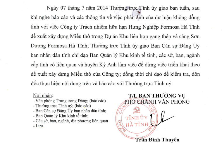 Tỉnh ủy Hà Tĩnh ra thông báo không đồng ý Formosa xây miếu thờ