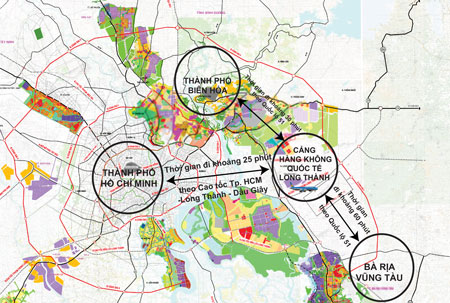 Đồ họa vị trí CHK quốc tế Long Thành về các trung tâm (do kỹ sư của TEDI South thực hiện)
