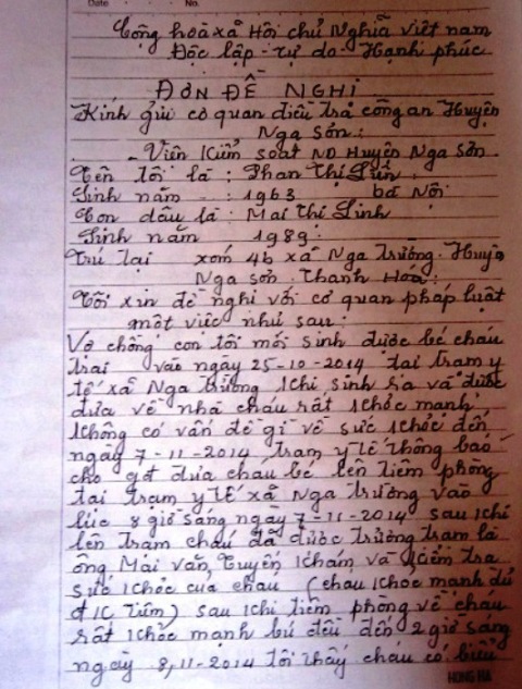 Đơn kiến nghị của gia đình chị Linh gửi cơ quan chức năng yêu cầu làm rõ nguyên nhân cái chết của con mình