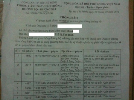 Biên bản nộp phạt do Mai Em đăng tải trên trang mạng vitalk.vn