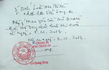Bút phê của Phó chánh an TAND tỉnh Long An hủy thi hình án đối với Hồ Duy Hải