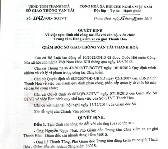 Quyết định tạm đình chỉ công tác đối với cán bộ,đăng kiểm viên thuộc Trung tâm đăng kiểm xe cơ giới Thanh Hóa