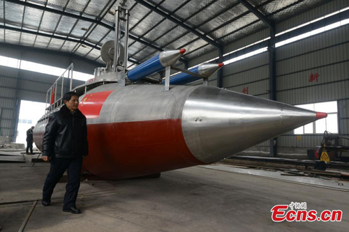 Thần Long 3 là tàu ngầm tự chế thứ ba của ông Zhang và những người bạn. Theo kế hoạch, con tàu sẽ chạy thử nghiệm trong thời gian tới. Ảnh: Ecns