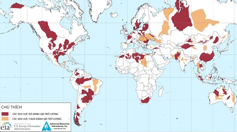 Bản đồ phân bố trữ lượng dầu khí đá phiến trên thế giới. (Ảnh: EIA)