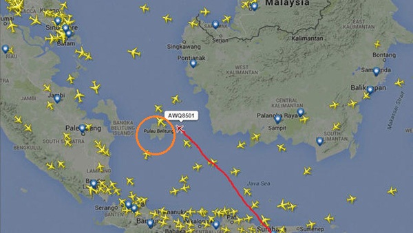 Máy bay của AirAsia mất tích gần đảo Belitung, xung quanh là hoạt động hàng không diễn ra thời điểm máy bay này mất tích