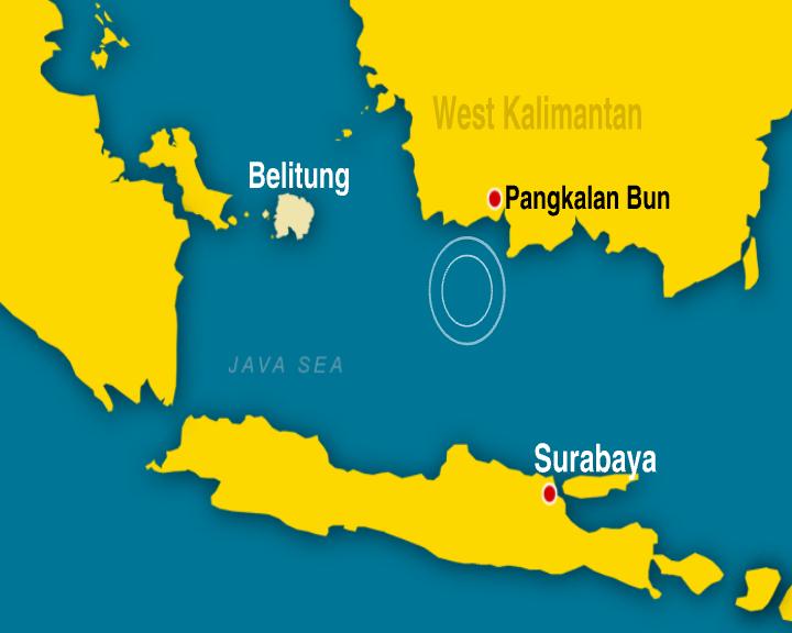 Bản đồ minh họa nơi các mảnh vỡ AirAsia QZ8501 đã được nhìn thấy ở Pangkalan Bun gần Kalimantan.