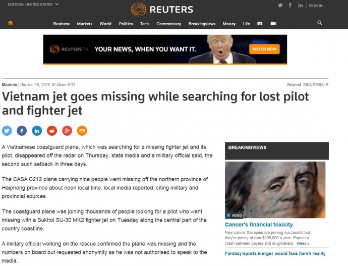 Reuters đưa tin máy bay cứu hộ của Việt Nam mất tí
