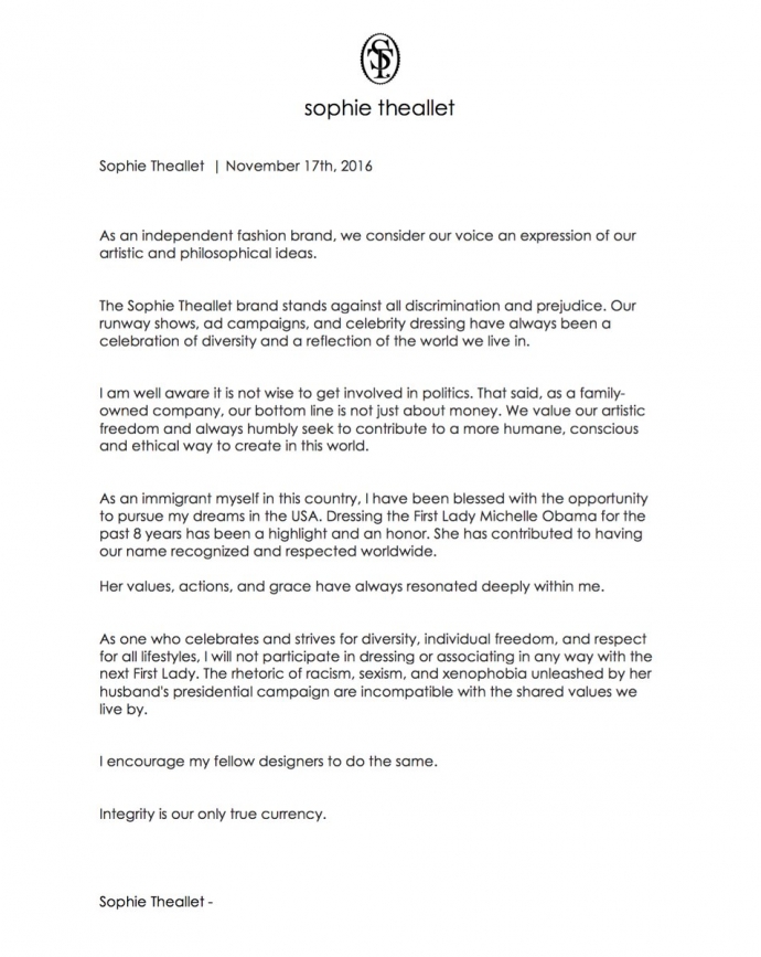 Bức thư bà Sophie Theallet tuyên bố không 