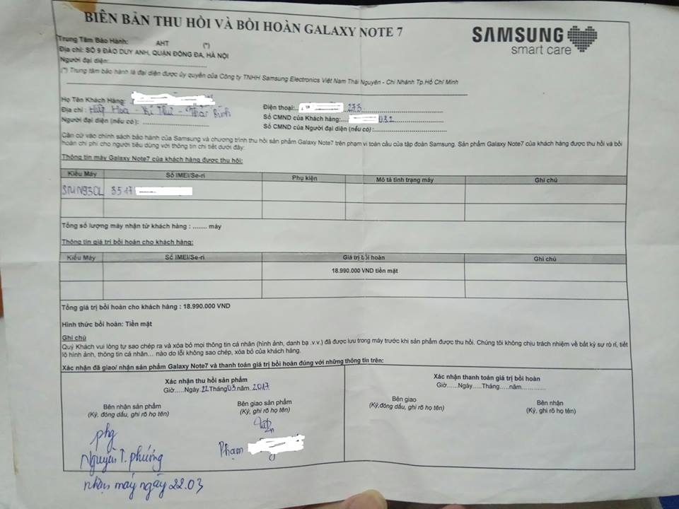 hoan tra samsung note 7 khong nhan duoc tien