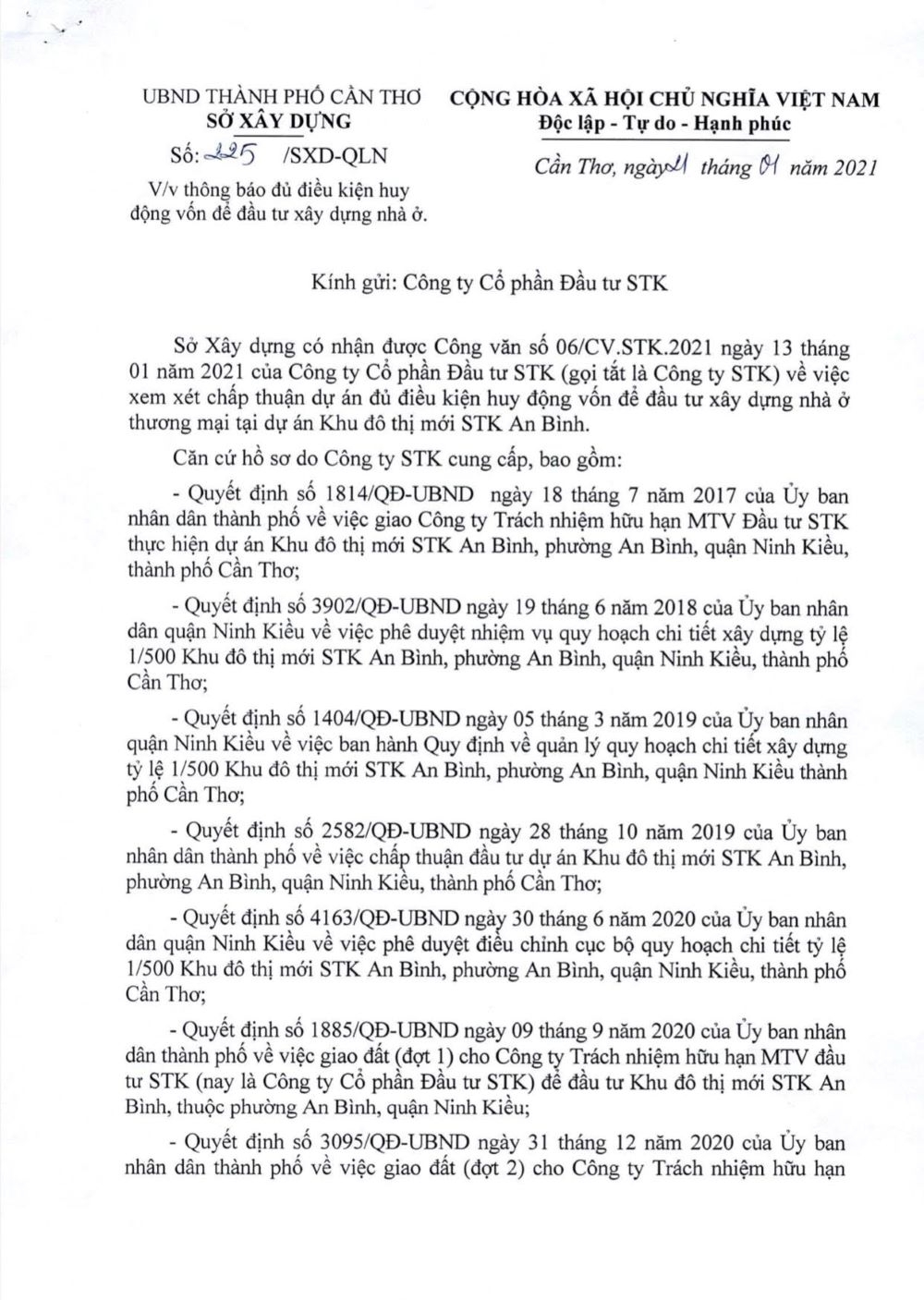 can tho cong ty co phan dau tu stk du dieu kien huy dong von dau tu xay dung nha o khu do thi moi stk an binh