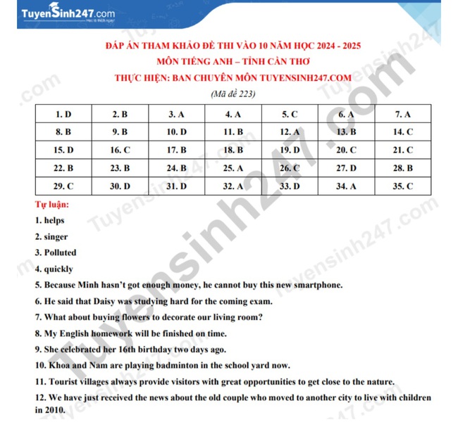 Đáp án đề thi tuyển sinh lớp 10 môn Tiếng Anh Cần Thơ năm 2024- Ảnh 2.