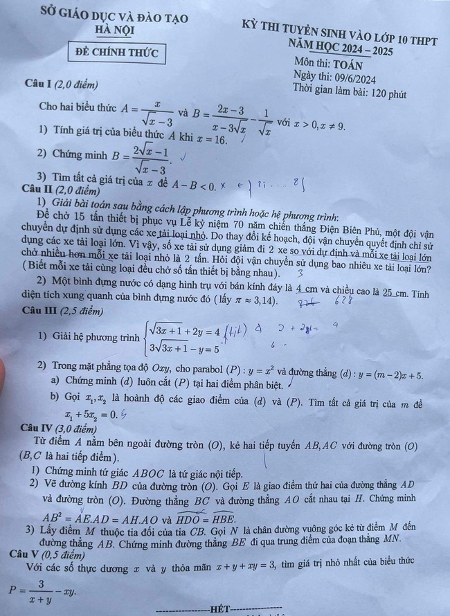 Đáp án đề thi môn Toán tuyển sinh vào lớp 10 Hà Nội năm 2024- Ảnh 3.