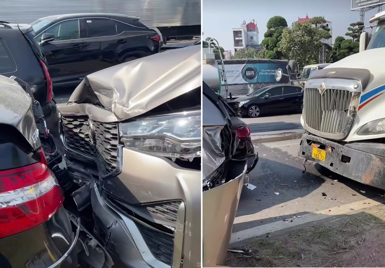 Nhiều xế sang bẹp r&uacute;m v&igrave; bị l&aacute;i xe container buồn ngủ t&ocirc;ng li&ecirc;n ho&agrave;n trước đ&egrave;n đỏ- Ảnh 1.