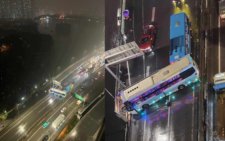 Xe kh&aacute;ch mất l&aacute;i xoay ngang, đường V&agrave;nh đai 3 &ugrave;n tắc k&eacute;o d&agrave;i- Ảnh 1.